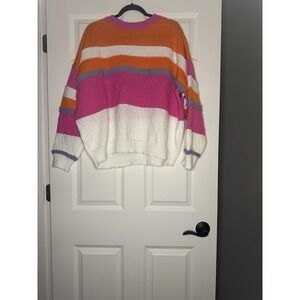 Main Strip Colorful Knit Pullover Sweater Large White Pink Purple Orange
